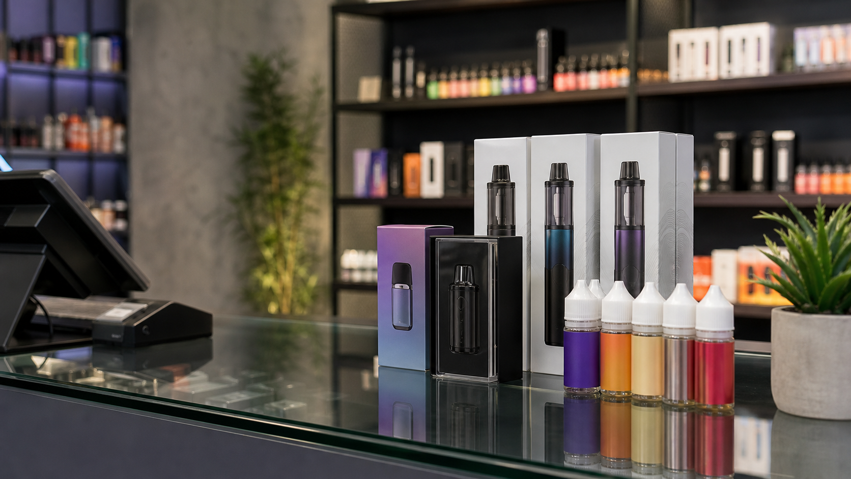 Generic sealed vape products arranged on a modern retail counter